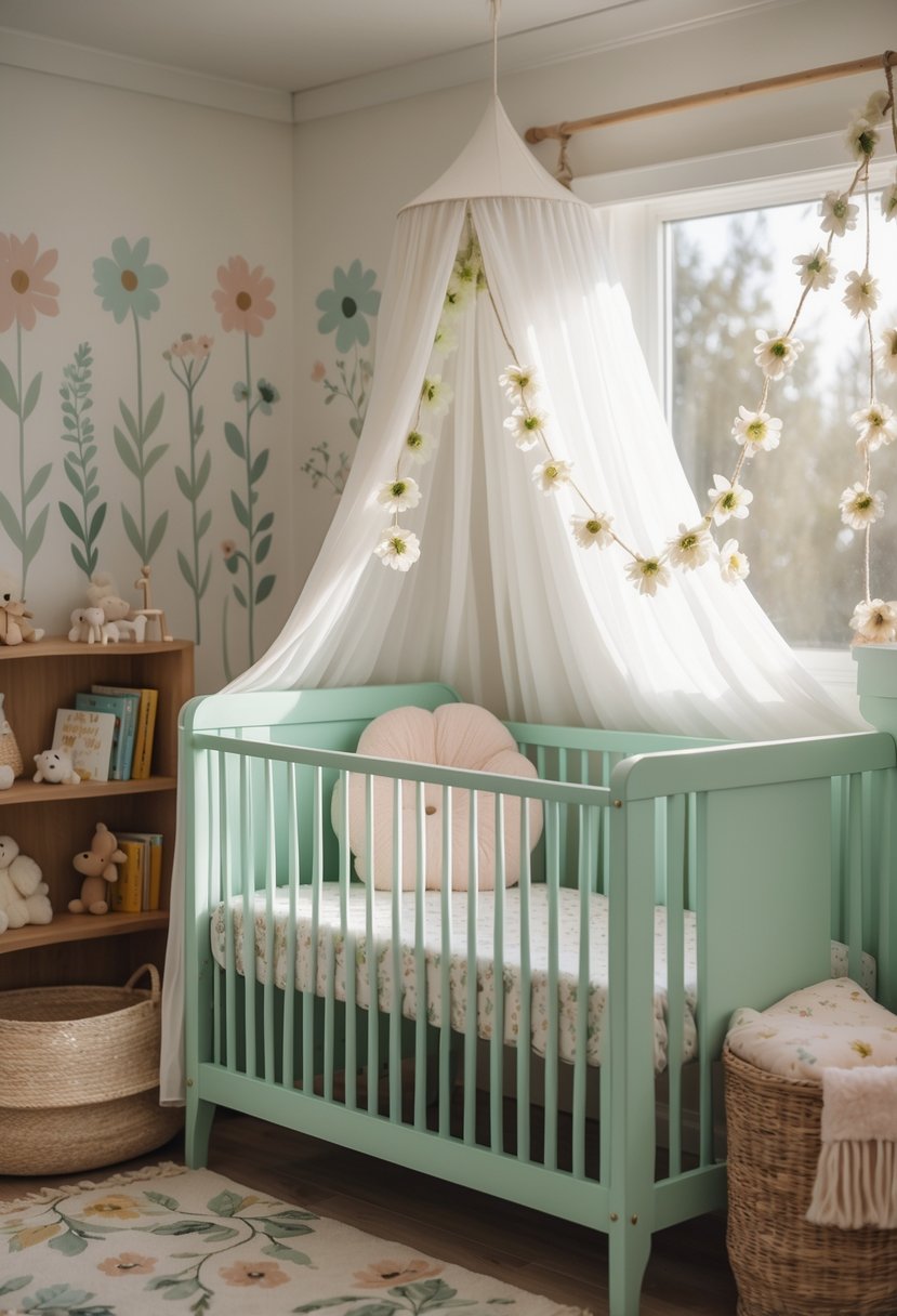 A nursery with a mint green crib and natural wood furniture decorated with wildflower-themed items including floral cushions, garlands, and toys.