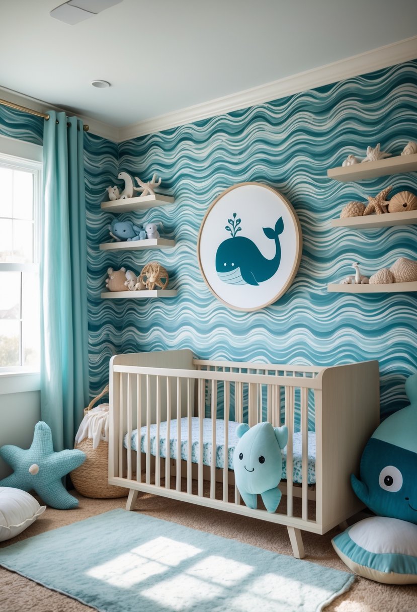 A nursery room with wave-patterned blue and aquamarine wallpaper, a crib, ocean-themed toys, and soft natural lighting.