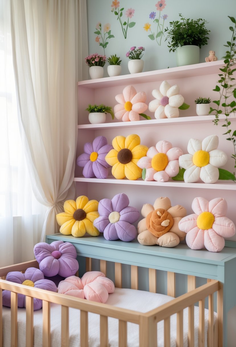 A nursery with 15 handmade plush wildflower toys arranged on shelves and a crib, surrounded by floral decor and soft natural light.