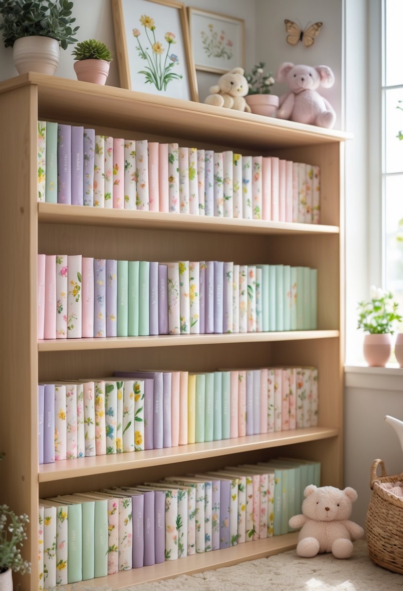 Low shelves filled with books covered in floral fabric surrounded by wildflower-themed nursery decor items.