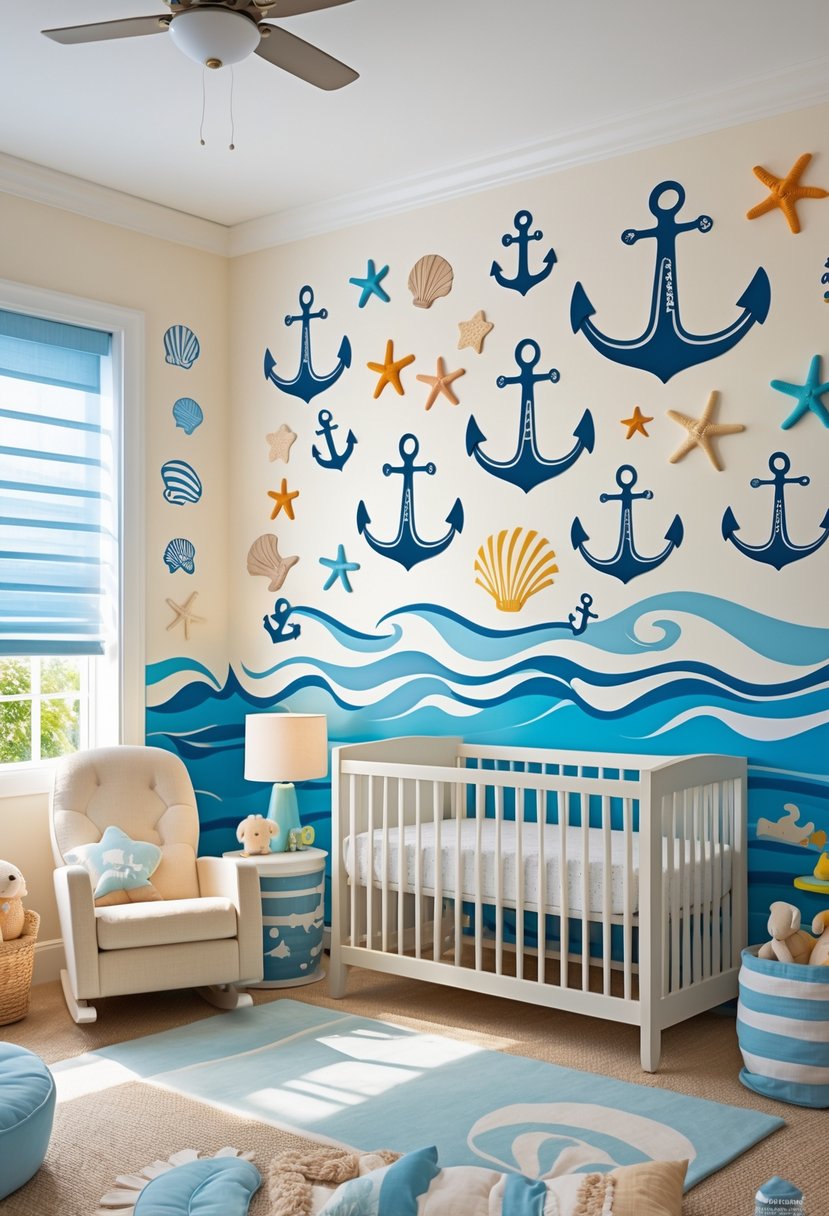 A nursery room decorated with multiple ocean-themed wall decals including nautical anchors, seashells, and starfish, featuring a crib and toys.