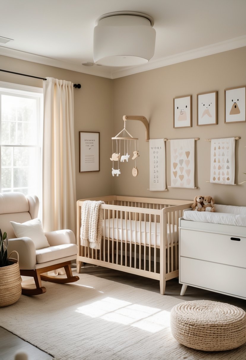 A nursery room with soft beige walls and white trim, featuring a wooden crib, rocking chair, bookshelf, and various neutral-colored decorations.