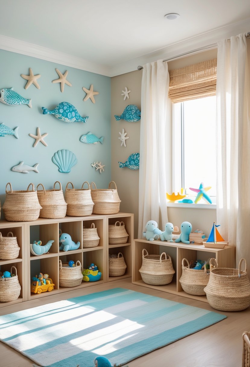 Nursery room with rattan baskets storing toys and ocean-themed decorations including plush sea creatures and wooden boats.