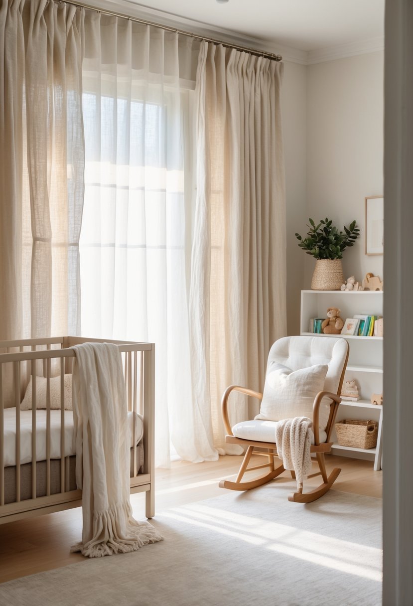 A nursery room with layered linen curtains, a cozy crib, a rocking chair, a bookshelf with toys, and natural light creating a warm and inviting atmosphere.