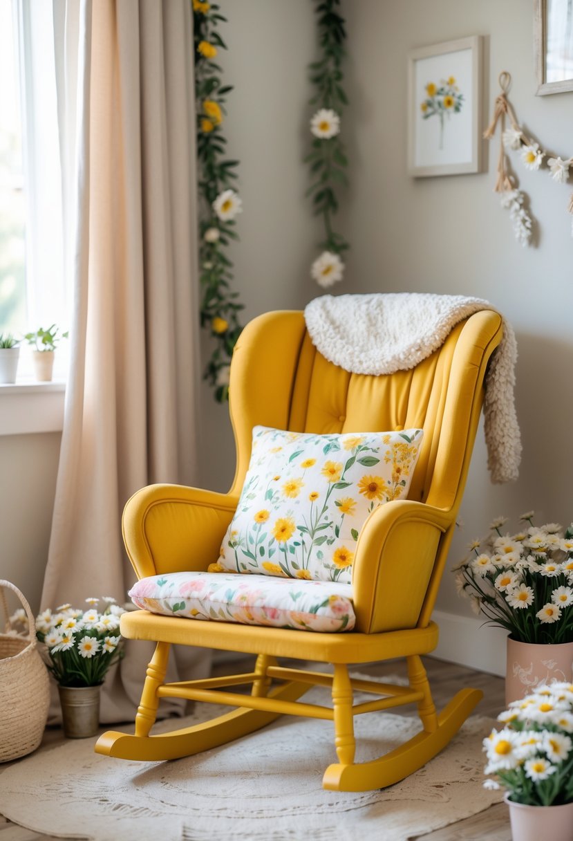 A mustard yellow rocking chair with a floral cushion in a nursery decorated with wildflower-themed items.