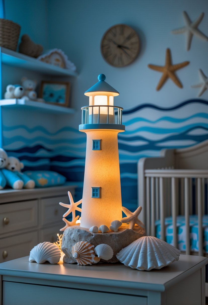 A nursery room with a glowing ceramic lighthouse night light surrounded by ocean-themed decorations and soft toys.