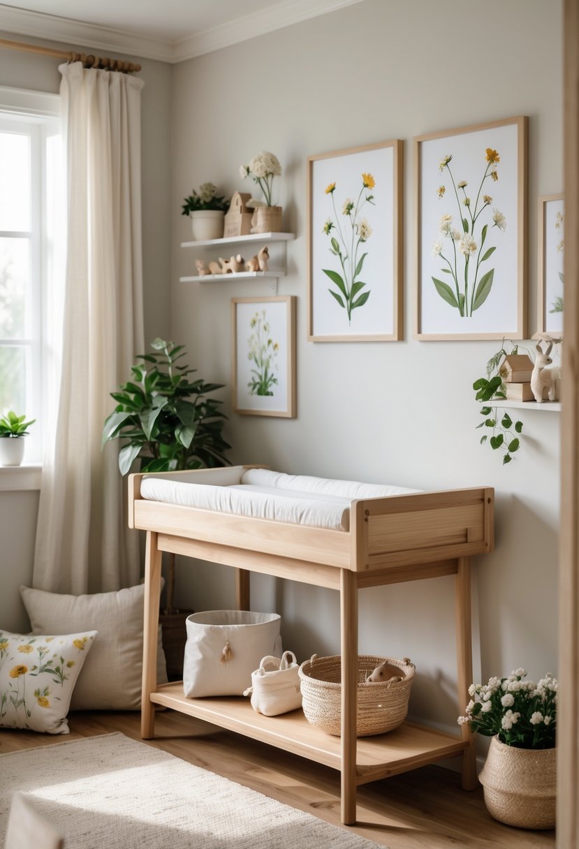 A natural wood changing table in a nursery decorated with wildflower-themed cushions, plants, and framed botanical prints.