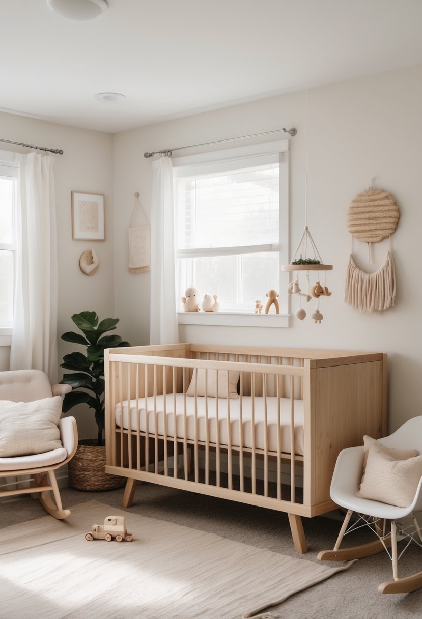 A natural wood crib in a nursery decorated with neutral-colored textiles, wooden toys, a rocking chair, plants, and soft lighting.