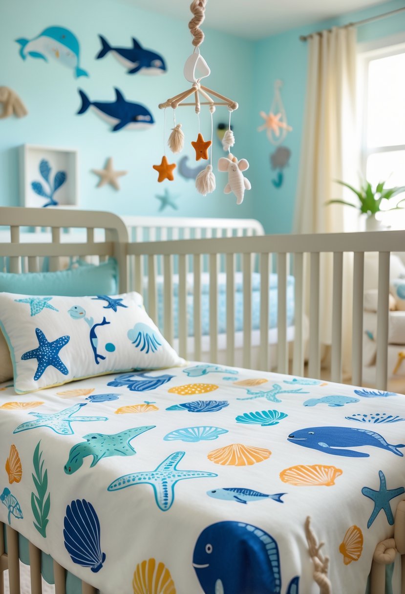 A baby crib with soft cotton sheets featuring colorful marine life prints in a bright nursery decorated with ocean-themed items.