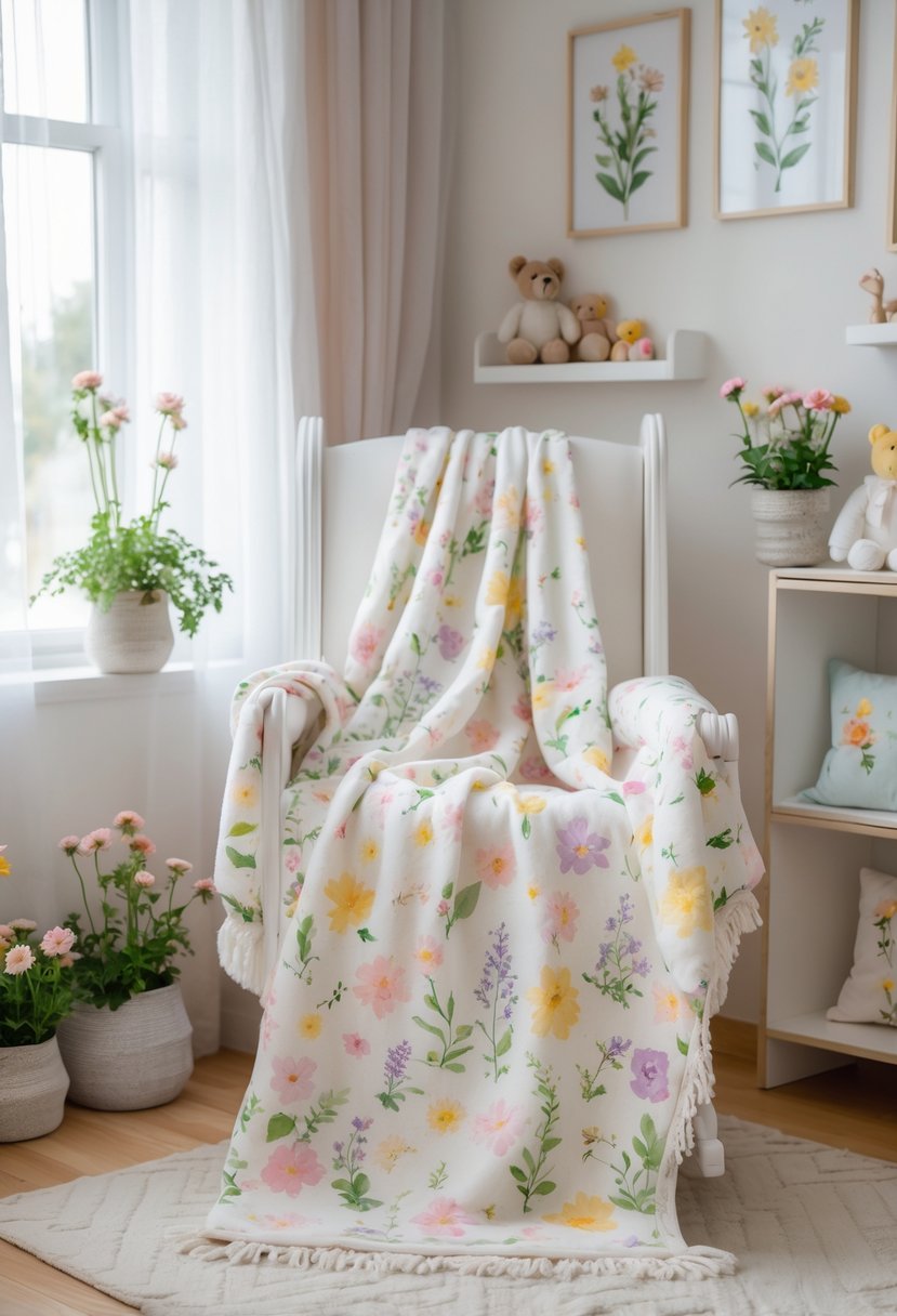 A cozy nursery with a white rocking chair draped with a soft wildflower-patterned throw blanket, surrounded by wildflower-themed decor and natural light.