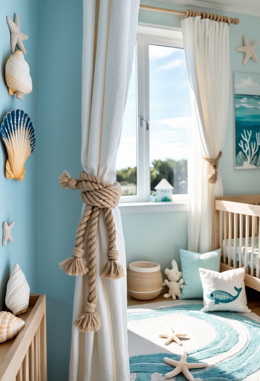 A nursery decorated with ocean-themed items including knotted rope curtain tiebacks holding back white curtains by a sunny window.