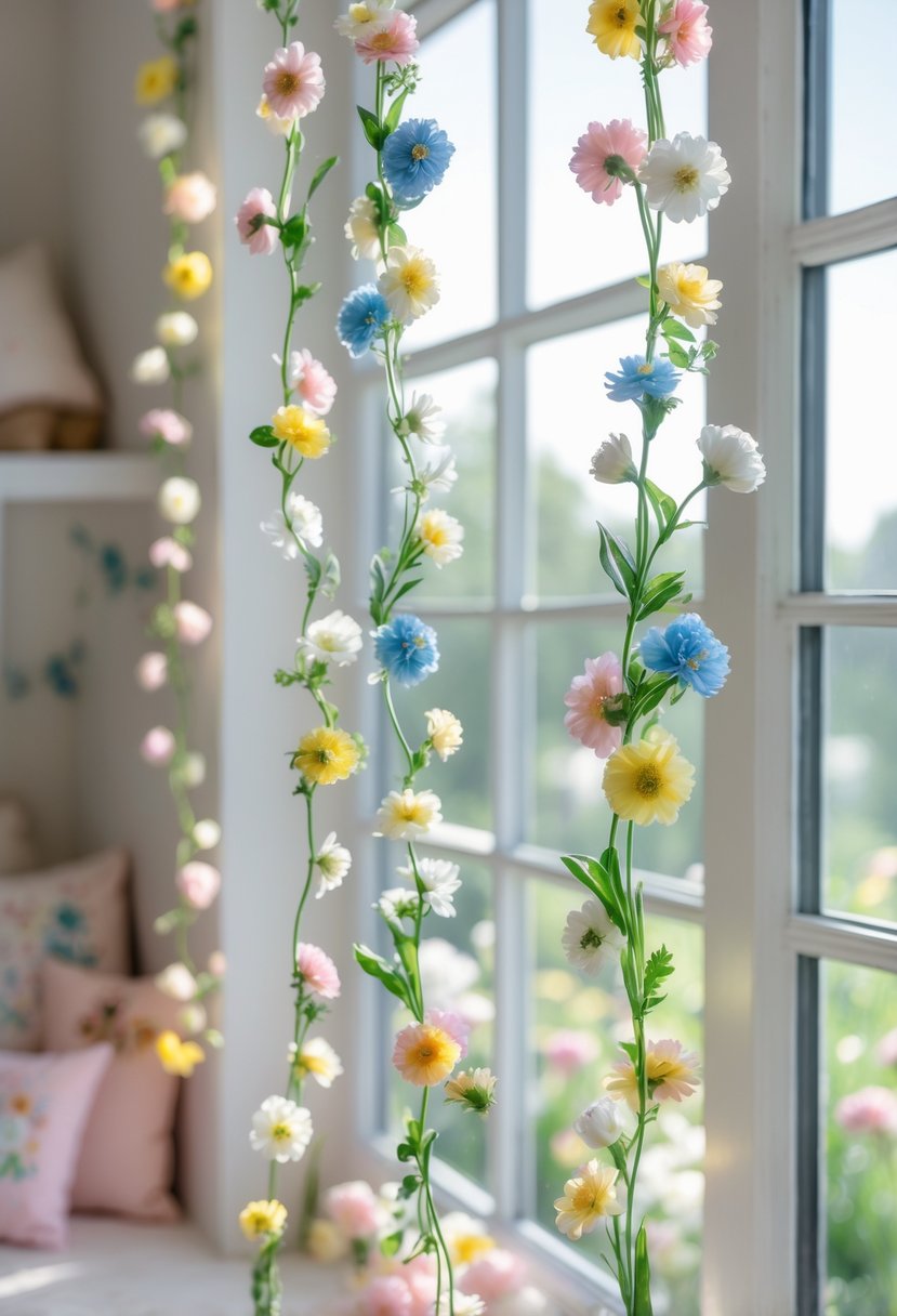Delicate flower garlands made of small wildflowers hanging across a window in a cozy nursery room.