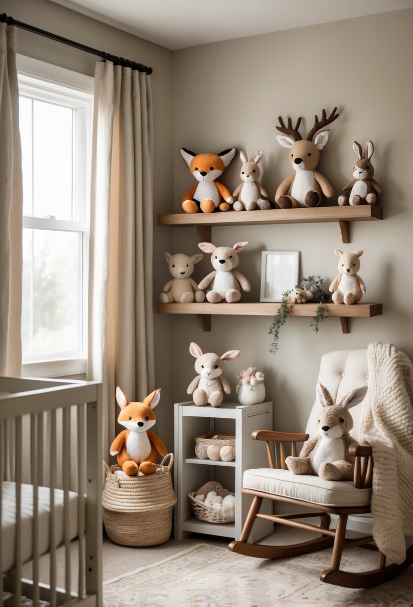 A nursery corner decorated with plush stuffed woodland animals arranged on shelves, a rocking chair, and a basket, surrounded by neutral-toned nursery furnishings.