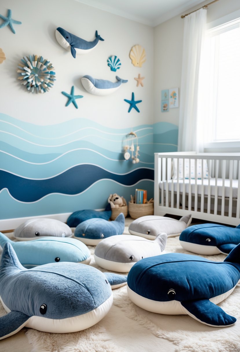 A nursery room with plush whale-shaped floor cushions and ocean-themed decorations.