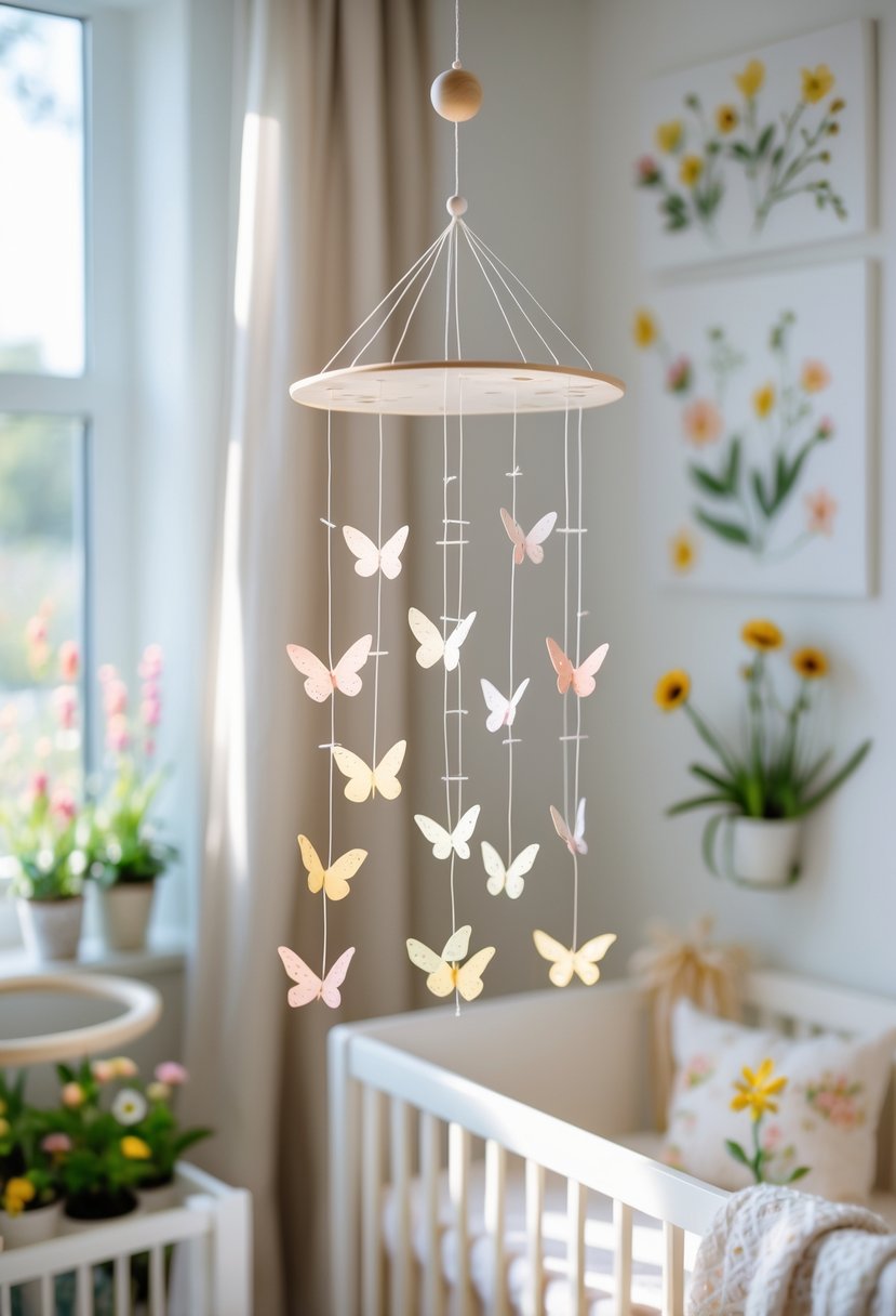 A nursery mobile with butterflies and blossoms hanging above a decorated nursery with wildflower-themed decor.
