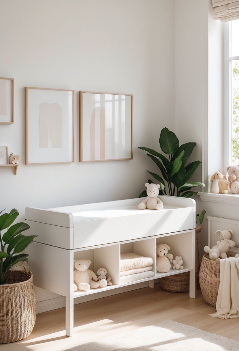A white changing table with storage in a nursery decorated with neutral-colored blankets, toys, baskets, plants, and framed artwork.