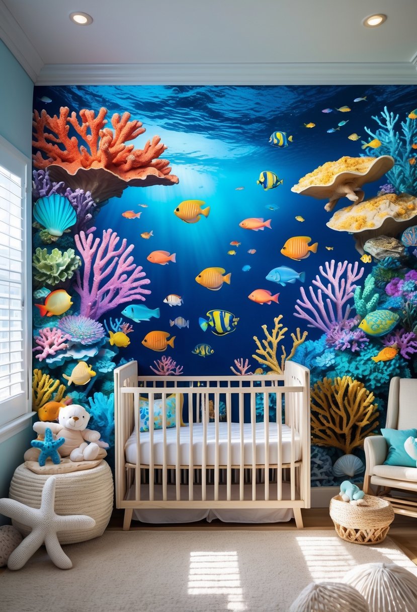 Nursery room with a large colorful coral reef mural on the wall, decorated with ocean-themed toys and furniture.