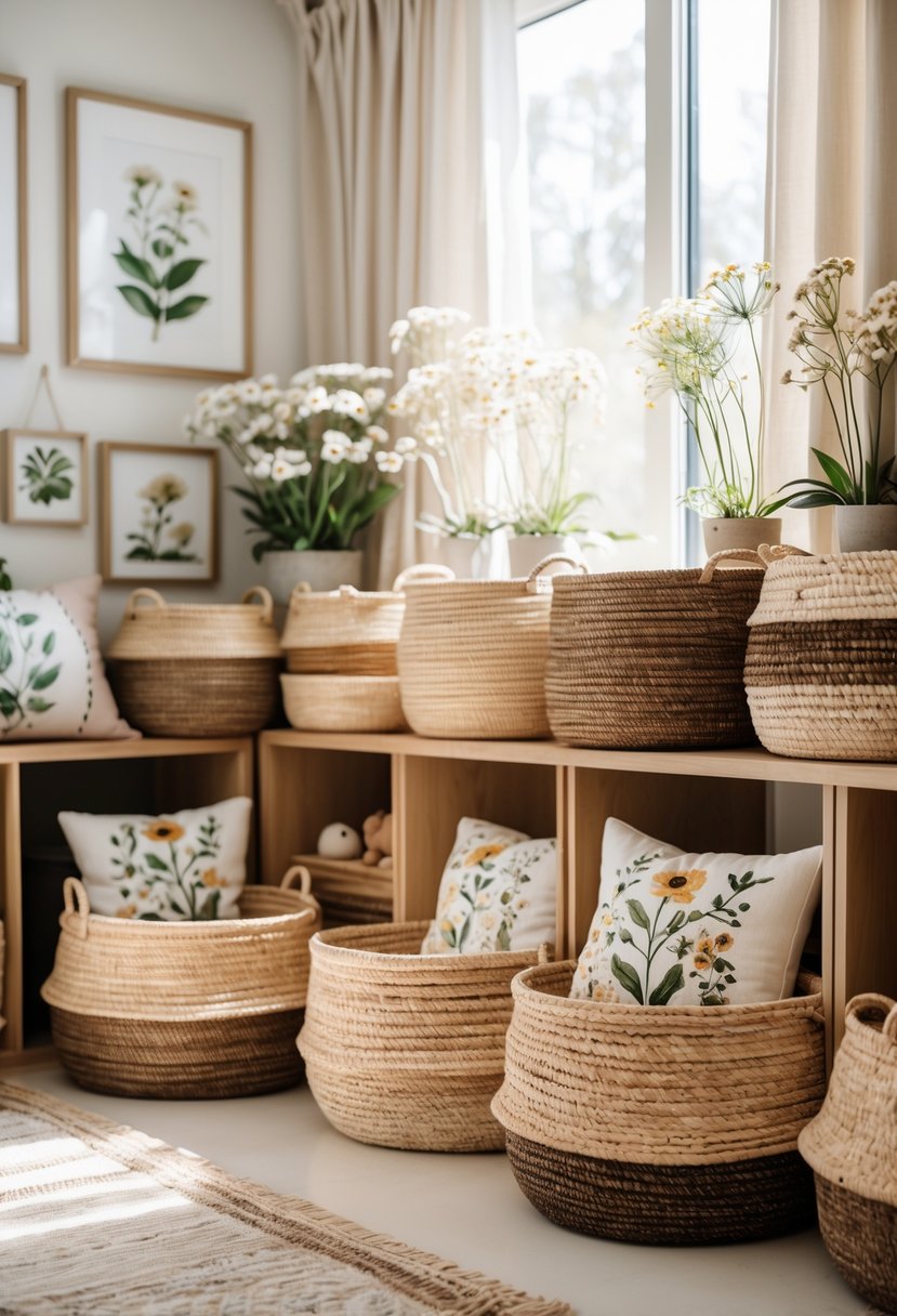 A nursery room with earth-toned woven baskets for storing toys, decorated with wildflower-themed items and soft natural lighting.