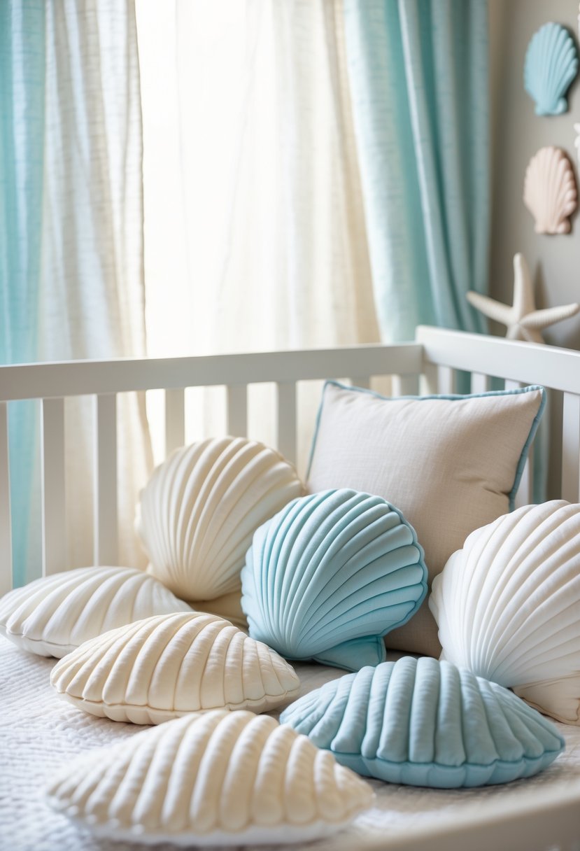 A nursery room with shell-shaped pillows on a crib mattress surrounded by ocean-themed decor.