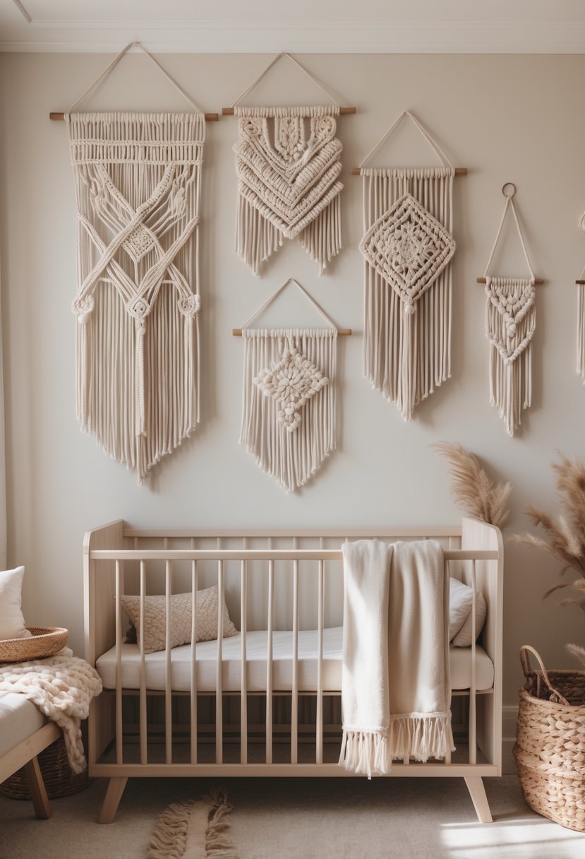 A nursery room with neutral tones featuring several macramé wall hangings above a crib and natural wooden furniture.
