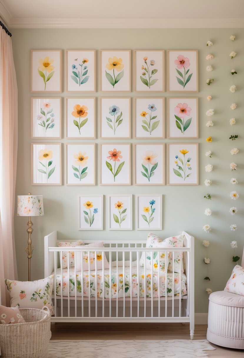 A nursery room with framed wildflower prints on the walls, a crib with floral bedding, and wildflower decorations.