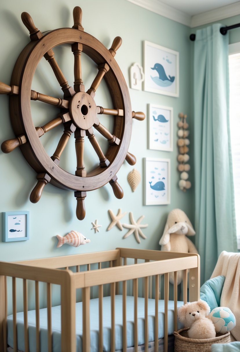 Wooden ship wheel mounted on a nursery wall surrounded by ocean-themed decorations including seashells, starfish, and sea animal illustrations.