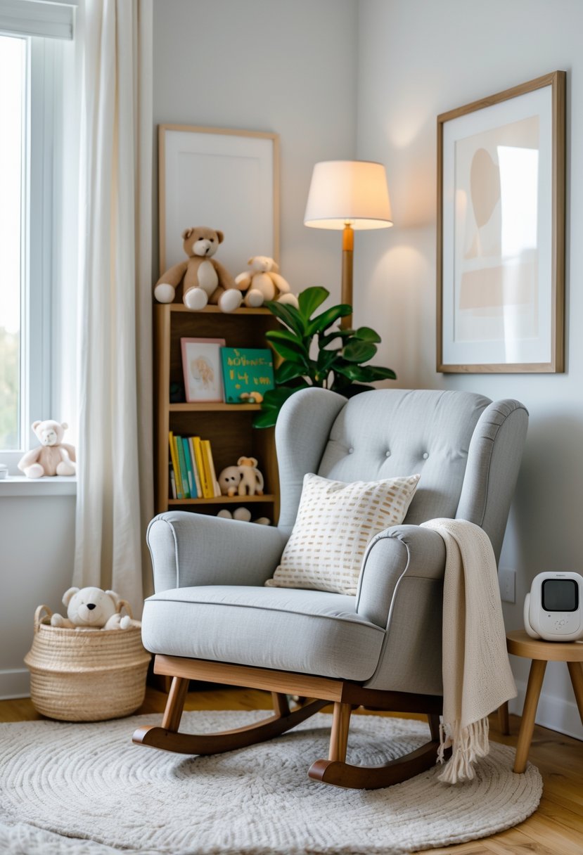 A nursery corner with a light gray rocking chair surrounded by soft toys, books, and plants.
