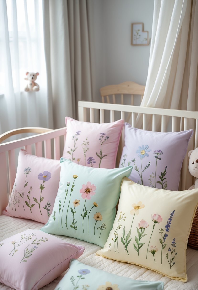 A nursery crib with pastel wildflower-themed pillow covers arranged on a mattress, surrounded by soft nursery decor and natural light.