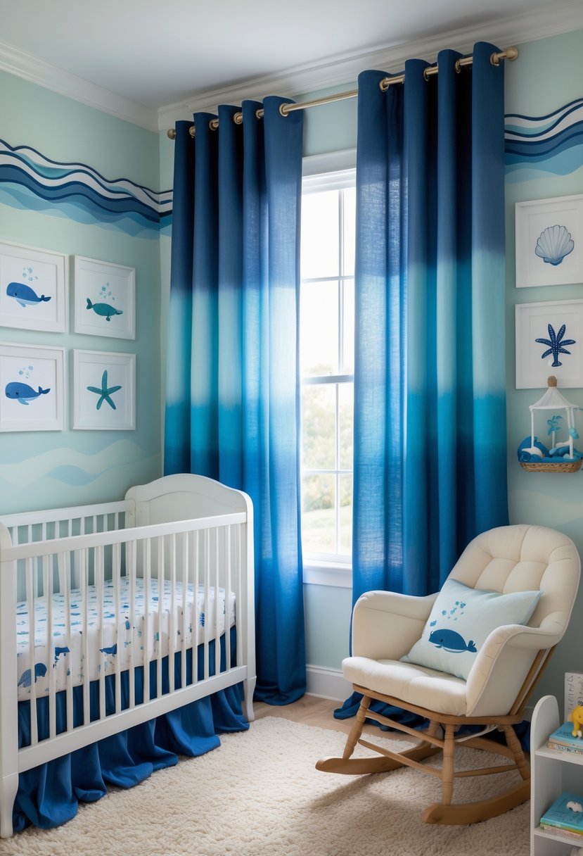 A nursery with blue ombre curtains, a white crib, ocean-themed decorations, and soft natural lighting.