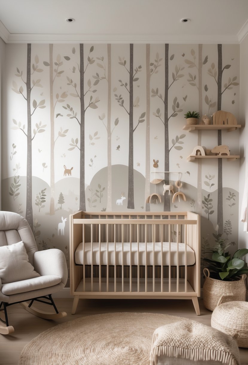 A nursery room with a neutral-toned forest wallpaper mural, a crib, rocking chair, shelves with toys, and soft natural decor.