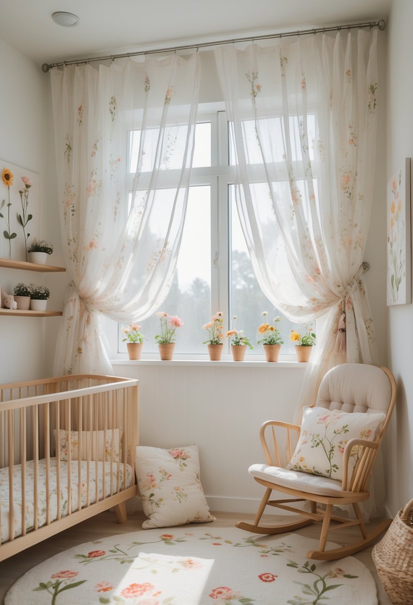 A nursery room with light-filtering floral curtains, a crib with floral bedding, potted wildflowers, and soft natural light creating a warm and cozy atmosphere.
