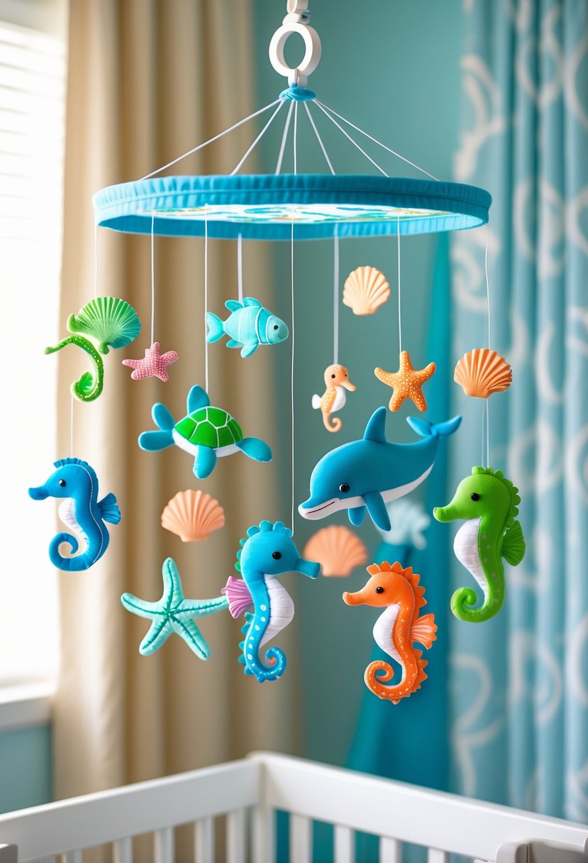 A colorful ocean-themed mobile with sea creatures hanging above a baby's crib in a softly lit nursery room.