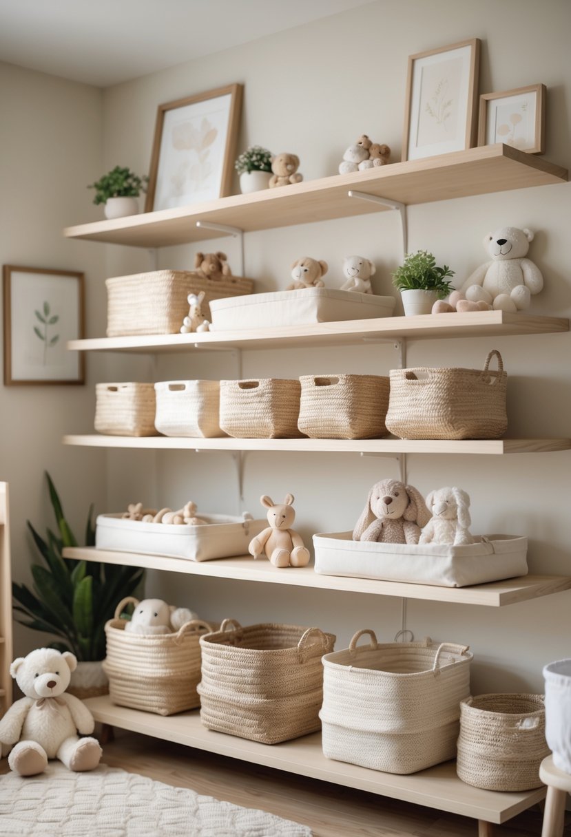 Open wooden shelves with neutral woven baskets and nursery decor including plush toys and plants.