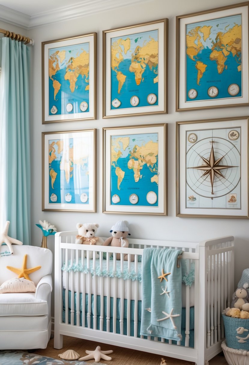 A nursery room decorated with framed vintage marine charts and ocean-themed items including a crib, toys, and seashells.