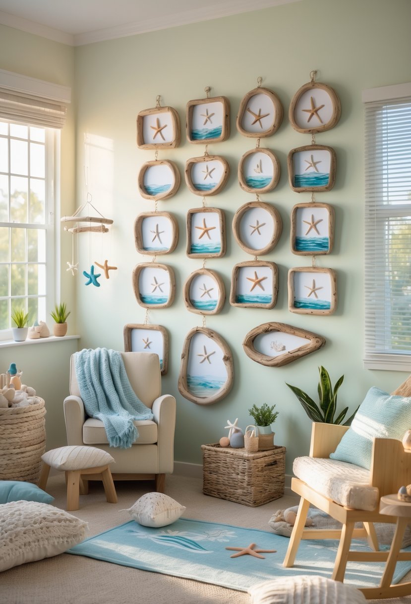 Nursery room with 15 driftwood photo frames featuring ocean-themed images arranged on a wall, surrounded by soft pastel-colored furniture and decor.