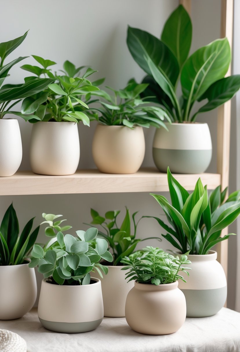 Several green plants in simple ceramic pots arranged on shelves and surfaces in a nursery setting.