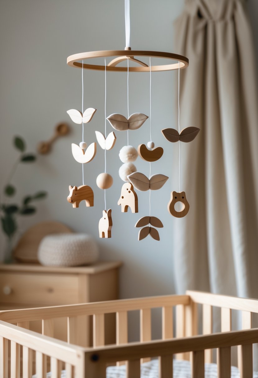 A wooden baby mobile with natural elements hanging above a crib in a neutral-toned nursery.