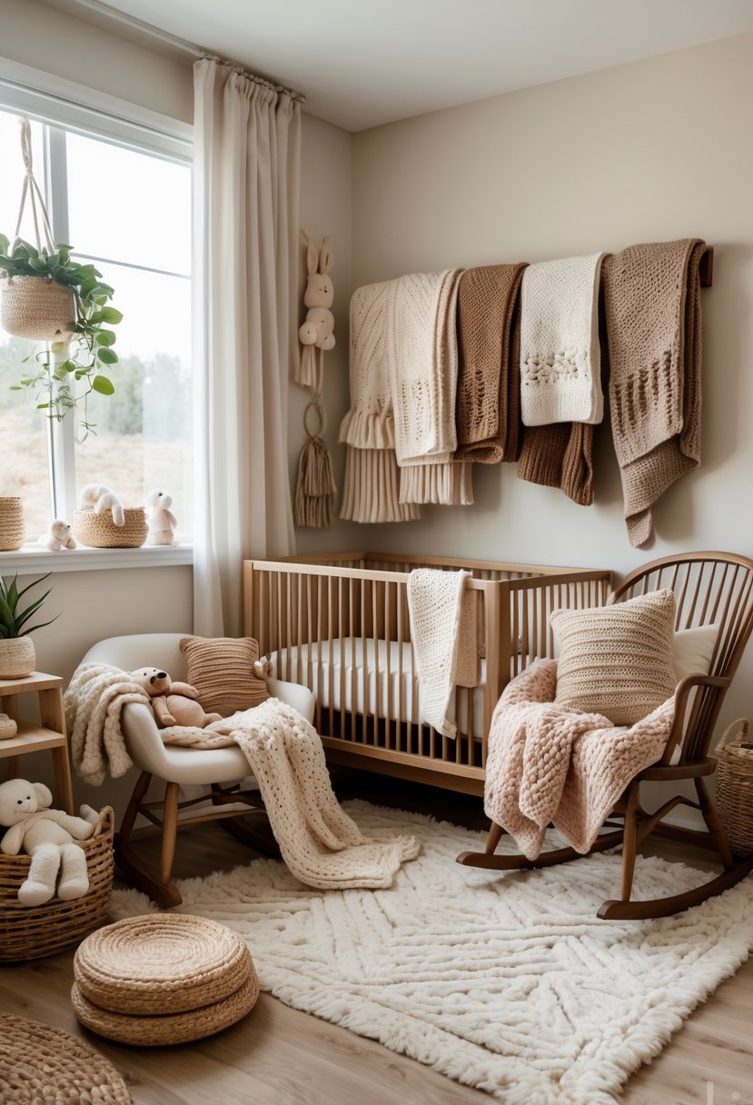 A nursery decorated with multiple earthy-toned knitted blankets arranged on a crib, chair, and basket, surrounded by natural wood furniture and plants.
