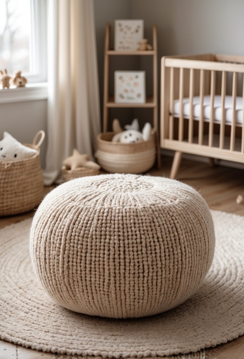 A soft wool pouf in a nursery surrounded by neutral-colored decor and children's furniture.