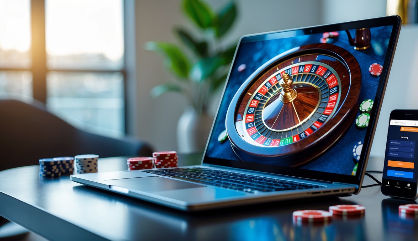 Sebuah meja kerja dengan komputer menampilkan permainan roulette online dan beberapa chip kasino di sampingnya.