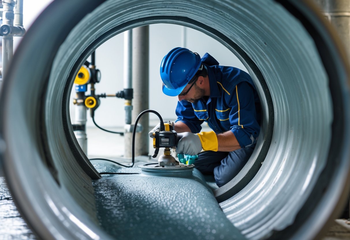 Evaluating the Efficacy of Epoxy Lining in Sewer Line Rehabilitation for Long-Term Infrastructure Performance 1 Technician applying epoxy lining inside a sewer pipe using specialized equipment.