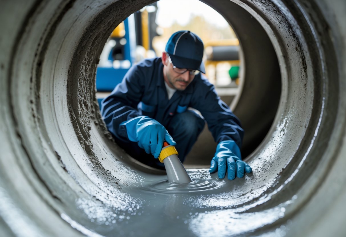 Evaluating the Efficacy of Epoxy Lining in Sewer Line Rehabilitation for Long-Term Infrastructure Performance 2 Technician inspecting and applying epoxy lining inside a large sewer pipe during a rehabilitation project.