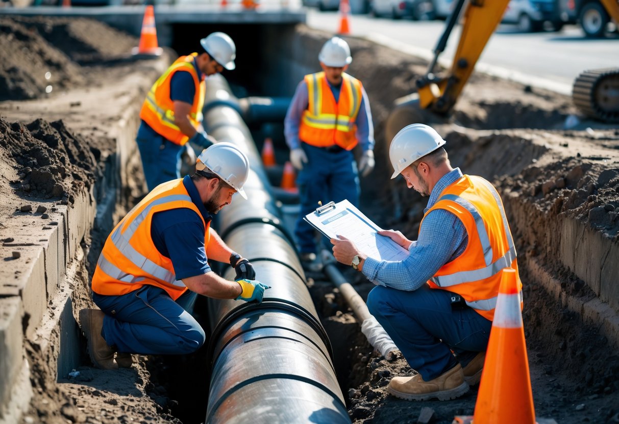 Understanding Labor Costs in Sewer Line Repair Projects: Key Factors and Insights 1 Workers in safety gear repairing an open sewer line with tools and construction equipment at an urban worksite.