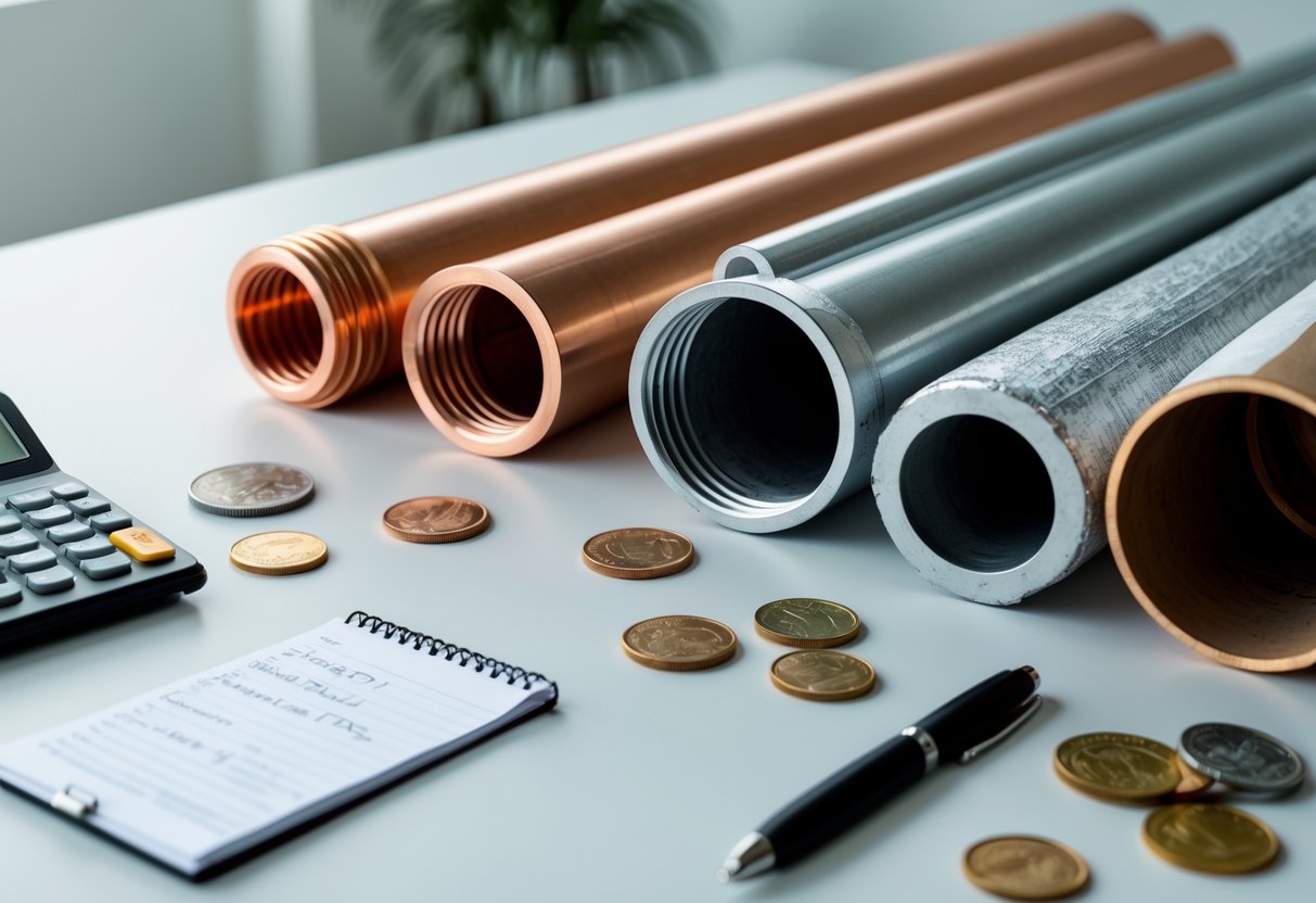 The Impact of Pipe Material on Repair Expenses and Long-Term Maintenance Costs 1 Close-up of different types of pipes with a calculator, notepad, pen, and money on a table.