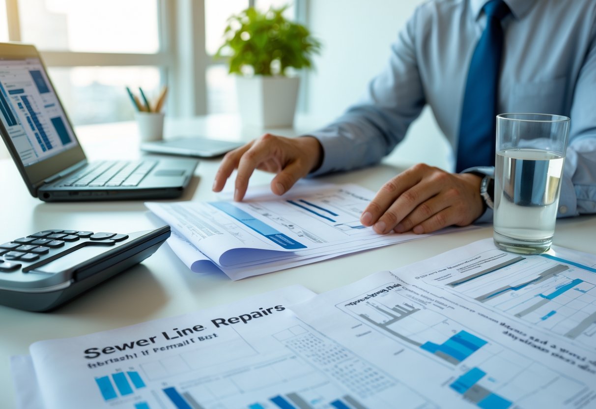 Breakdowns of Permit Fees for Sewer Line Repairs Explained for Homeowners 1 Person reviewing documents and blueprints related to sewer line repairs at a desk with a calculator and laptop in an office.