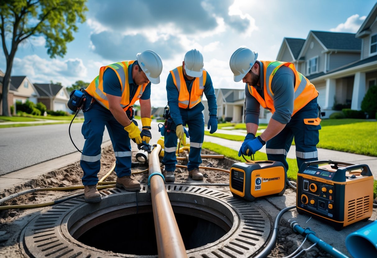 Estimating the Cost of Emergency Sewer Line Repairs for Homeowners and Property Managers 1 Workers in safety gear repairing a sewer line near an open manhole on a residential street with houses and lawns in the background.