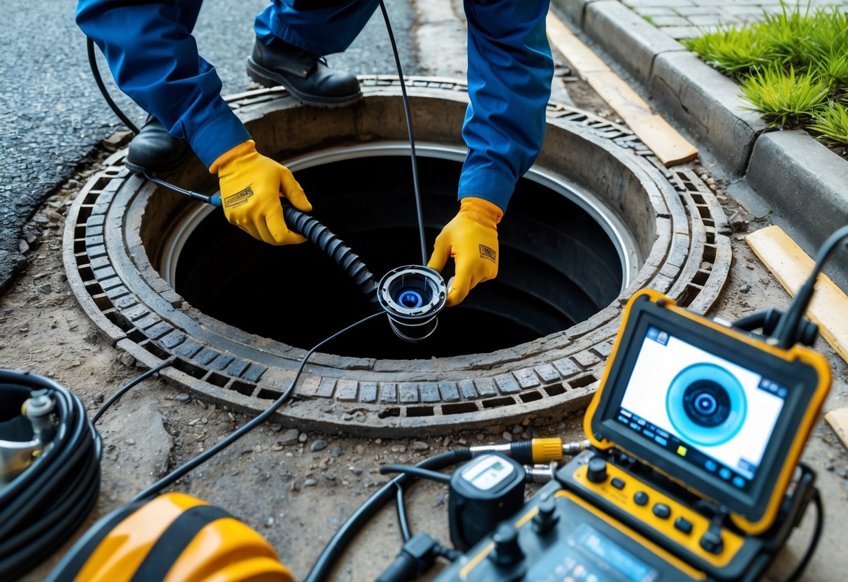 Technician operating a sewer inspection camera near a manhole on a city street with tools and a monitor displaying the sewer pipe interior.