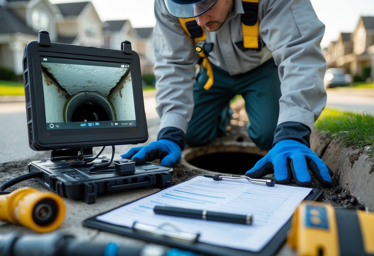 Technician inspecting a sewer line using a camera and monitor near a residential street with tools and safety gear.