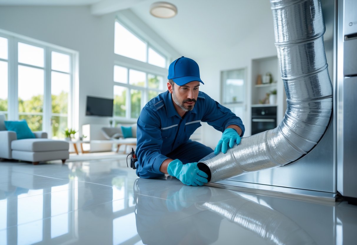 Technician inspecting clean air ducts in a bright, modern living room with energy-efficient appliances.