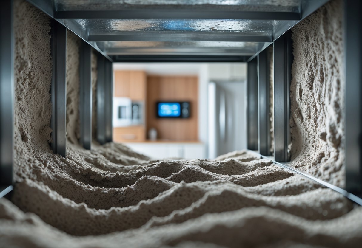 Close-up of dusty air ducts inside a home with a clean section visible, showing how dirt buildup affects energy efficiency.